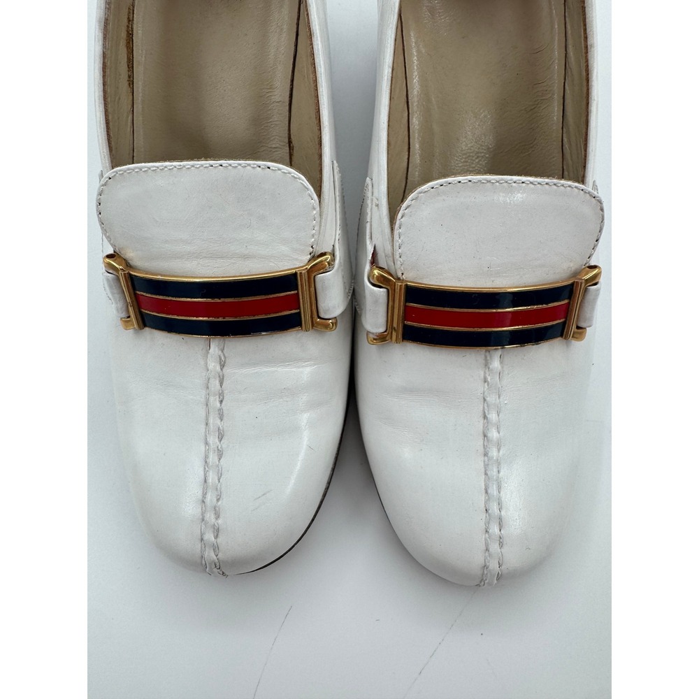 Gucci Vintage White Leather Block Heel Loafers Web Stripe Enamel Pumps IT 34 US4 - Picture 6 of 8